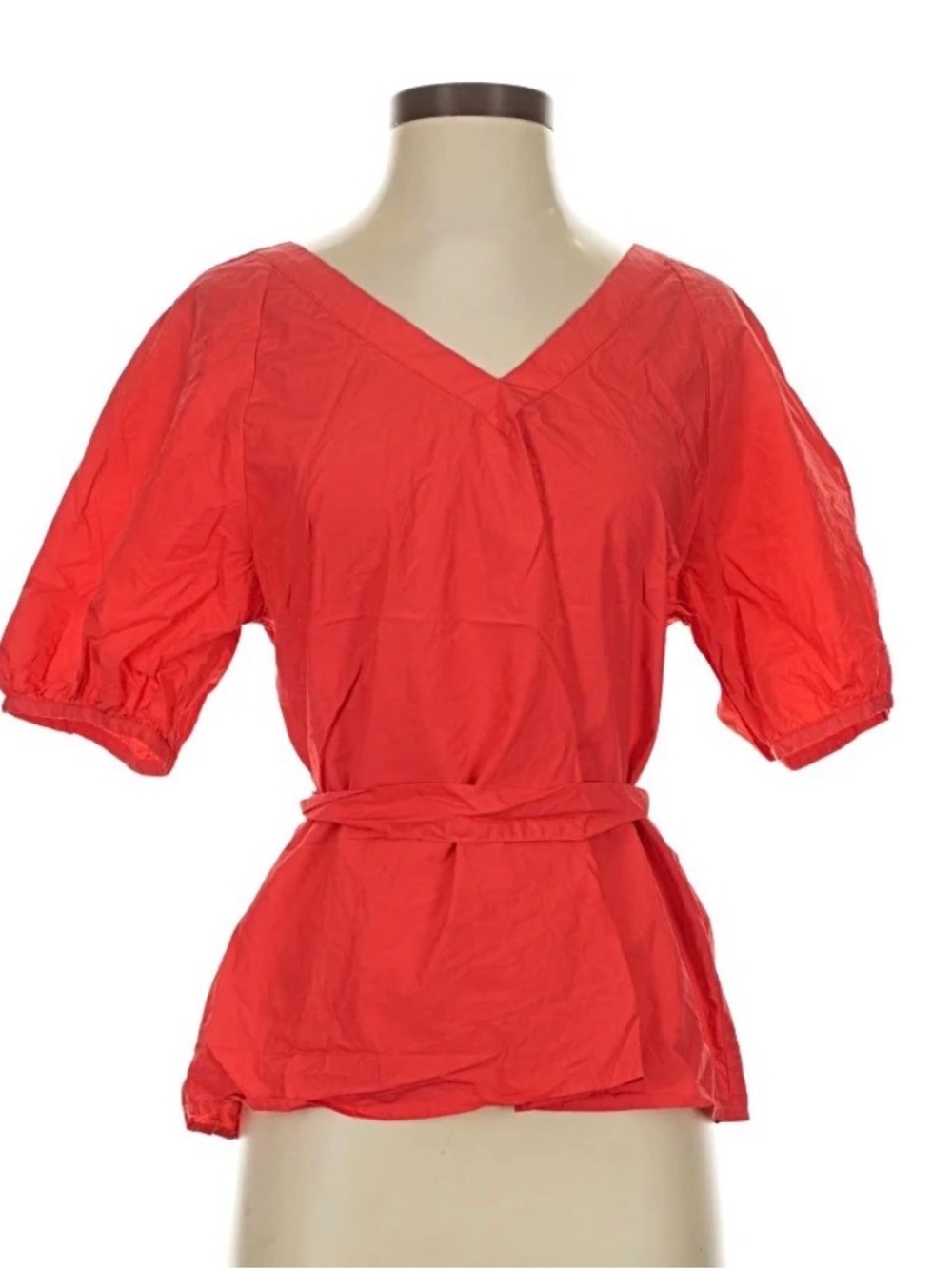 Banana Republic Coral Red V-Neck Puff Sleeve Belted Blouse